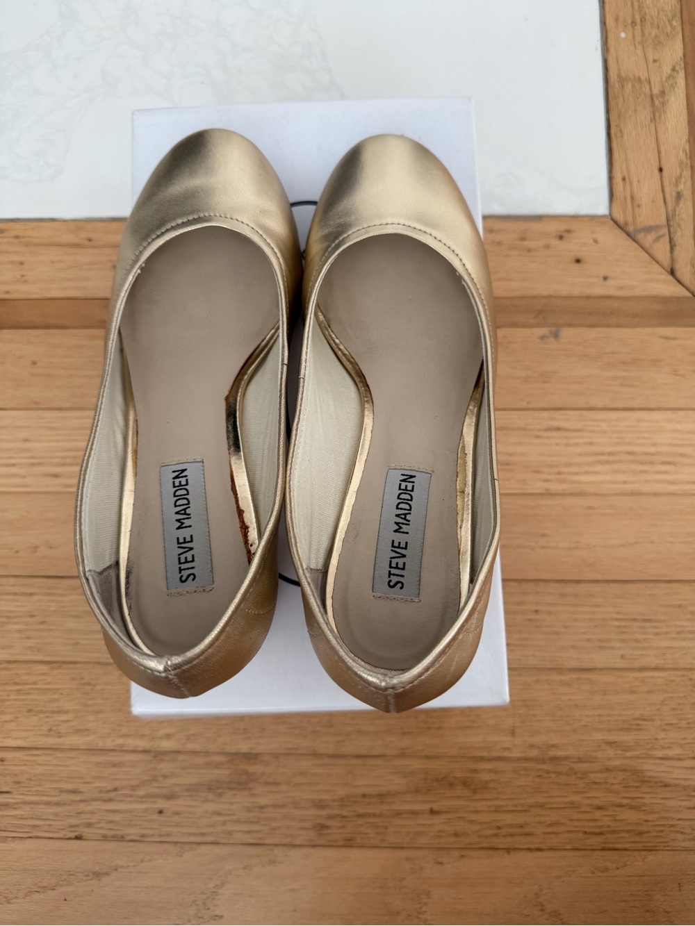 Steve Madden Metallic Gold Round-Toe with 2” stacked heel.